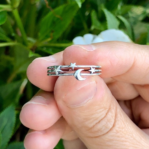 925 Sterling Silver Layered Moon and Stars Ring - Picture 8 of 10